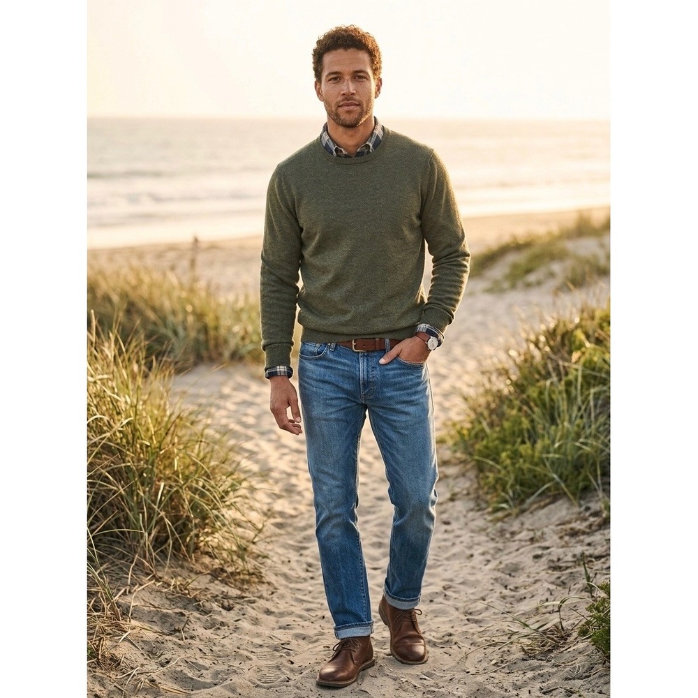 Faherty Reserve Mens Crewneck Sweater Olive Green Cotton Coolmax M MYS2405-ORT